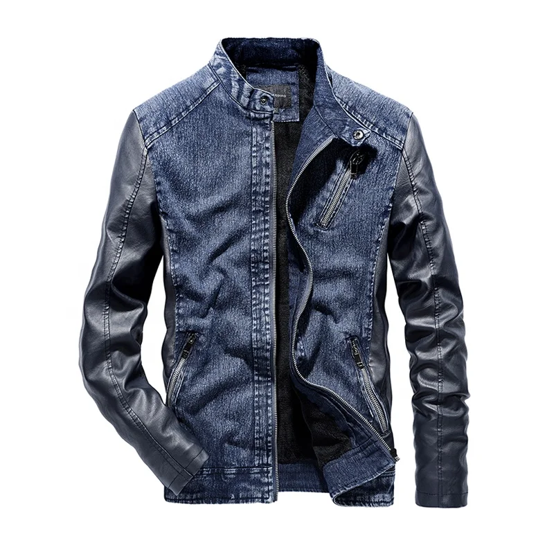 Wholesale Blue Jean Leather Sleeve Splicing Jacket Men - Buy Leather ...