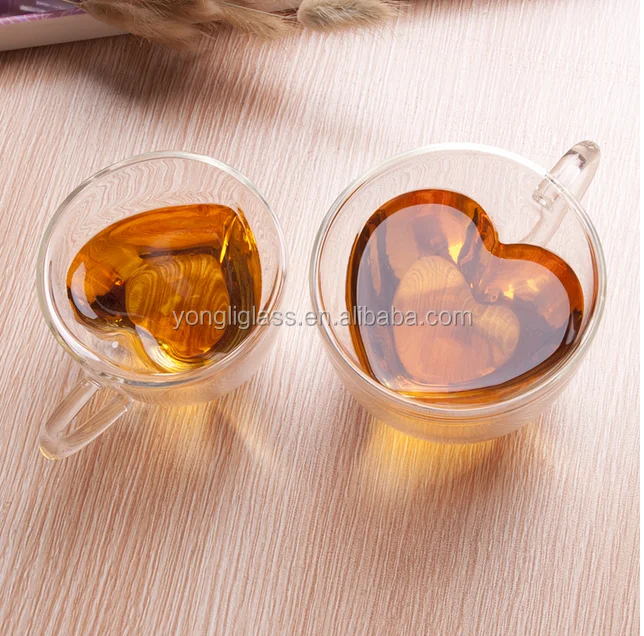 High borosilicate glass double wall glass ,heart shape couple coffee mug, double wall tea cup