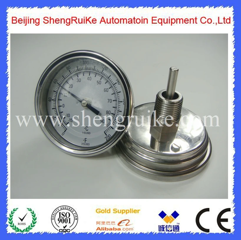 PCI Bimetal Thermometer - 5 Inch Dial, 6 Inch Stem, 50-300°F Range, All Stainless Steel With Back Angle Connection