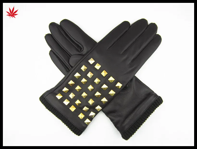 Ladies fashion black Seeks nail leather gloves nappa sheep leather gloves