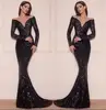 Black Sequins Mermaid Long Sleeve Evening Dress Long Gown Deep V Neck Sexy Prom Dresses