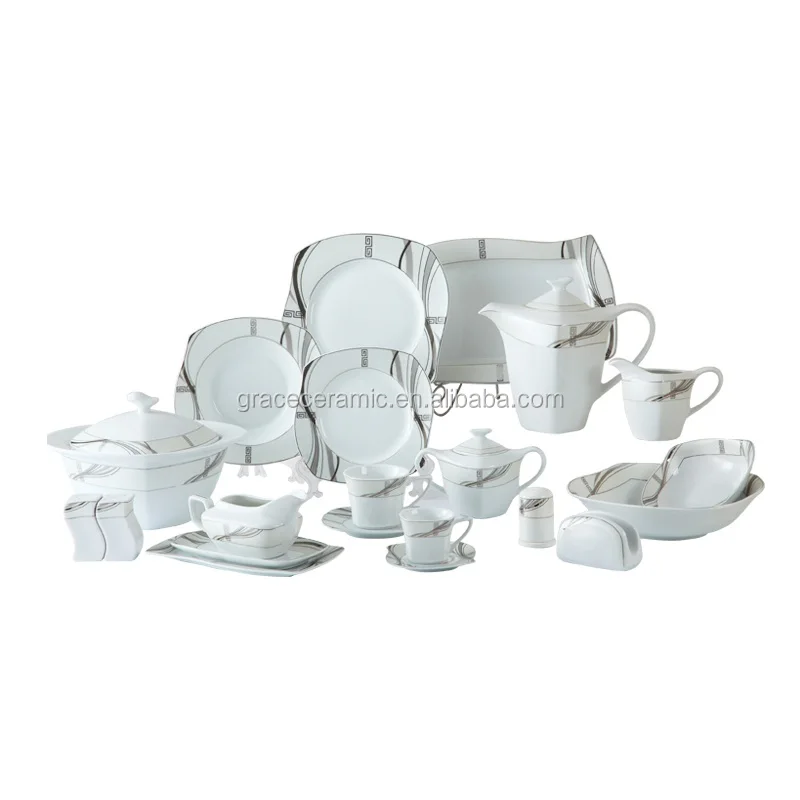 Hot Sale Classic Egypt Style 125pcs Dinner Set Ceramic S Shape Square