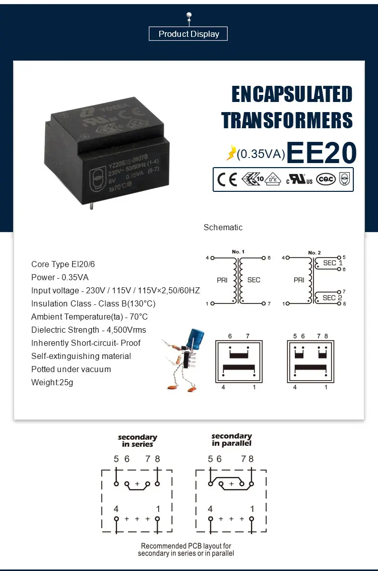 EE20/6 , 0.35VA CE ROHS UL VDE 220v 6v ac mini electric transformer