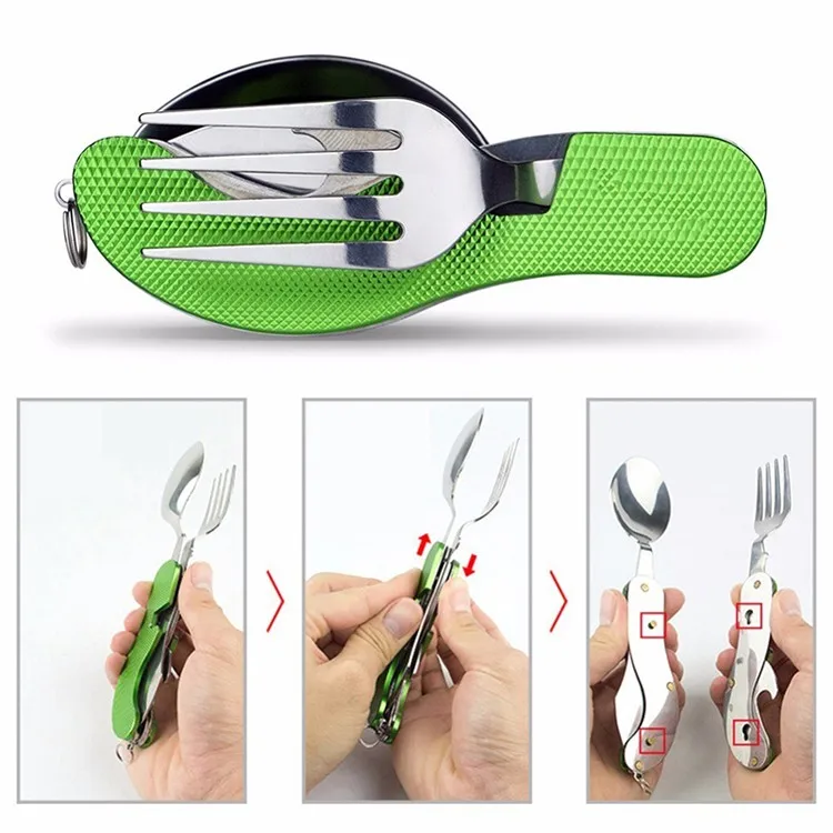 4 In 1 Portable Folding Knife Fork Spoon Combined Multifunctional Camping Flatware Set Outdoor