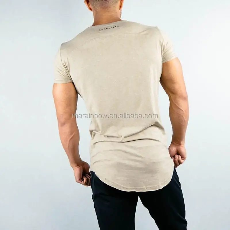 Hot Sale Scoop Neck Tee Shirt In Tan Short Sleeve Longline Curved Hem T Shirt Oem Gym Clothing
