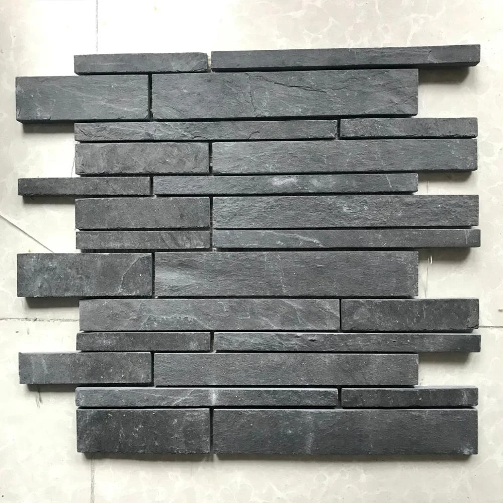 Chinese natural split strip interlock black slate mesh mosaic wall tile and floor paver tiles