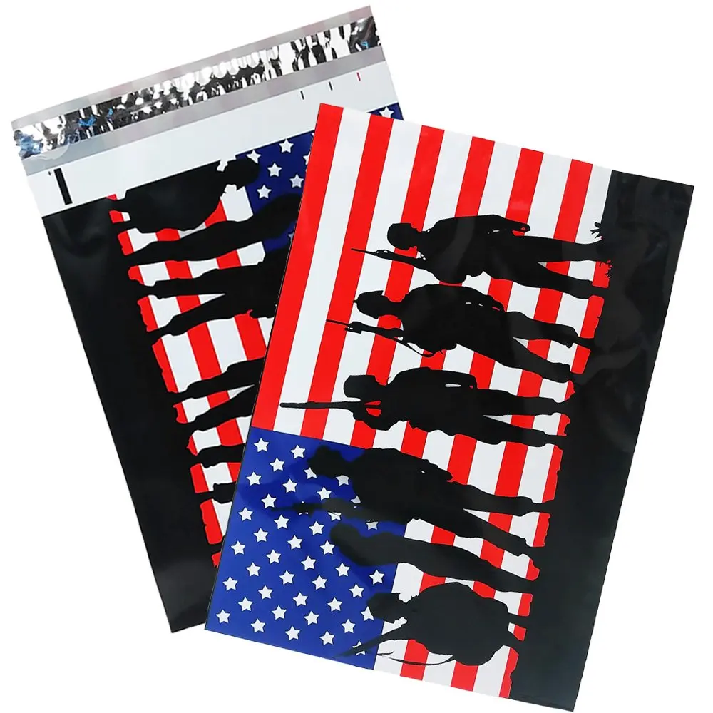 10x13 Solders Poly Mailers, Designer Shipping Bag Custom Boutique Envelopes, Red White and Blue Flag Military Plastic Mailers (100)