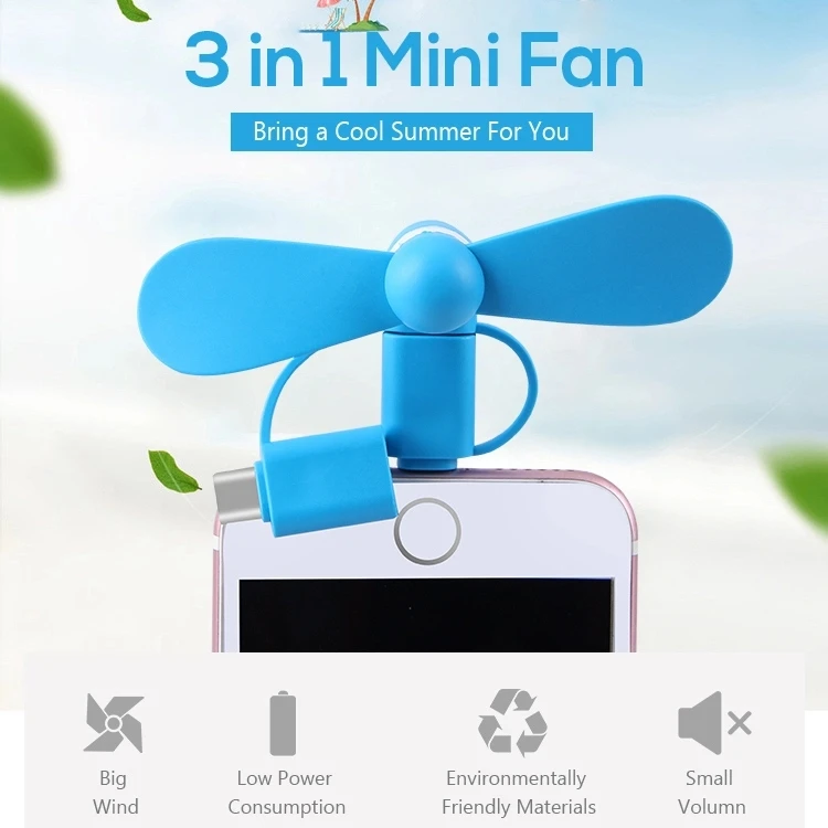 2020 Portable 3 In 1 Usb Cell Phone Fan Powerful Handheld Mini Fan For