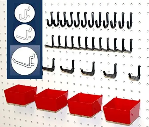 WallPeg Pegboard Hooks, Plastic Pegboard Bins, 26 Pc. Kit Tool Holders Workbench