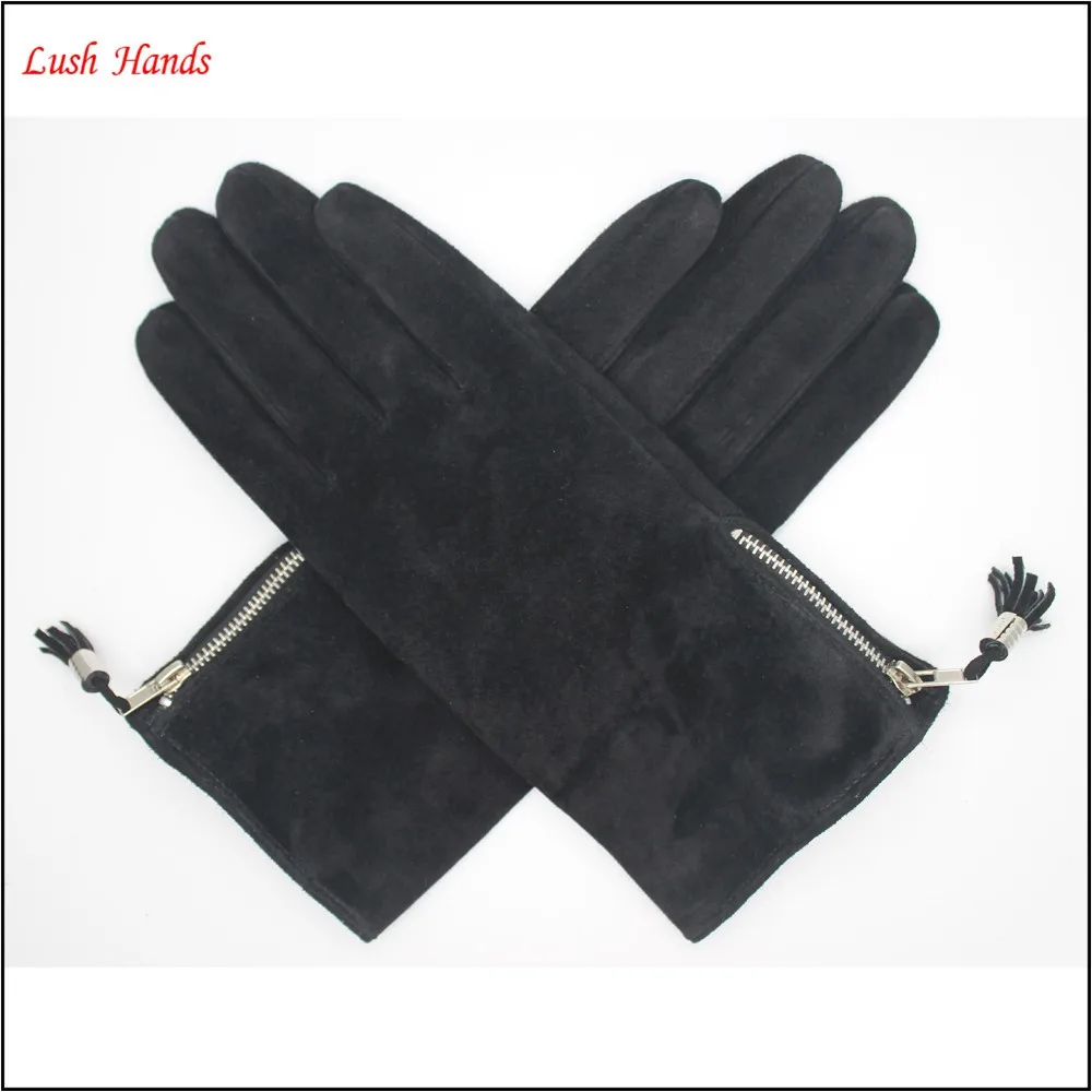 2016 lady's black pig suede gloves with tassels on gloves side