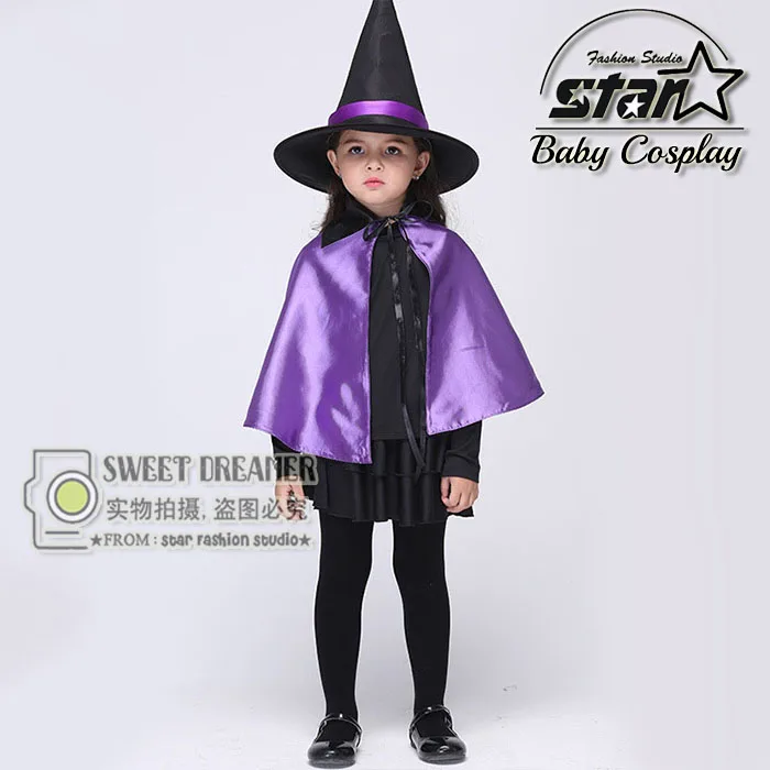 Halloween Cosplay Costumes Magic Girls Witch Performance Clothes With Purple Cloak Hat font b Fancy b