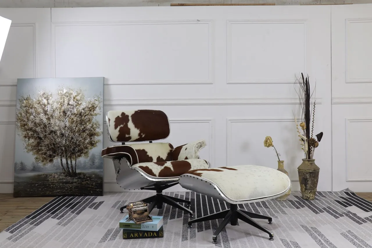 Animal Cowhide Skin Leather Chaise Lounge Chair With Ottoman