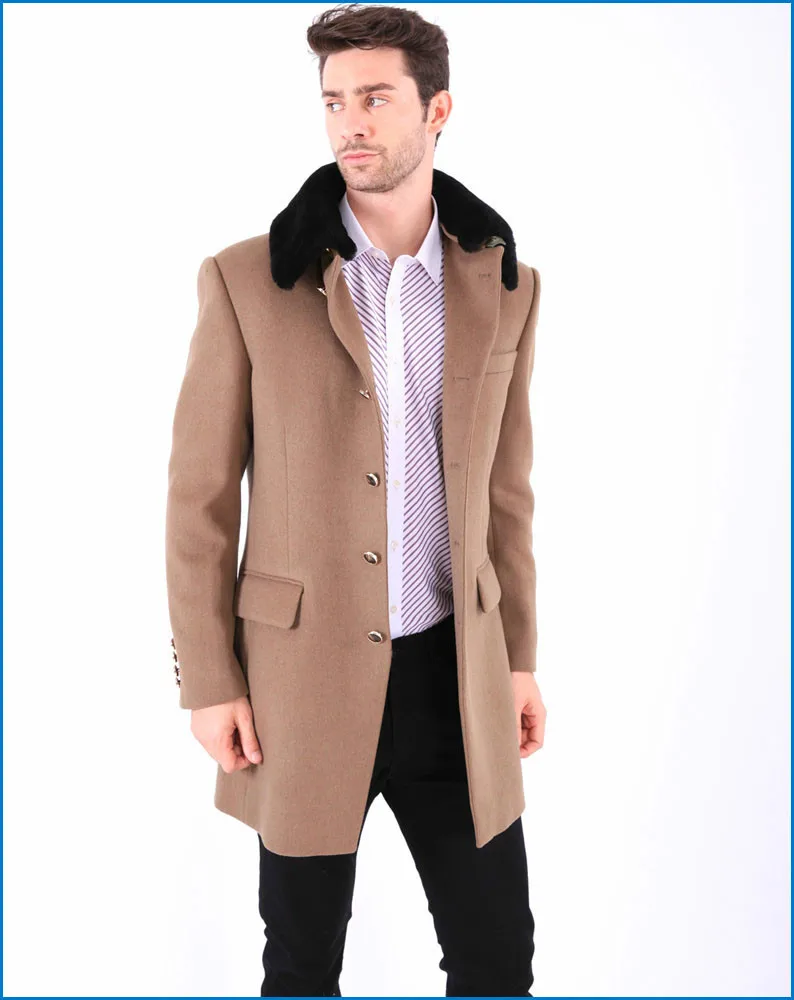 Fashion Style Camel Men's Wool Cashmere Overcoat With Fur Collar - Buy ...