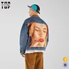 China manufacturer mens 100% cotton printed denim jacket with corduroy collar and faux shearling lining