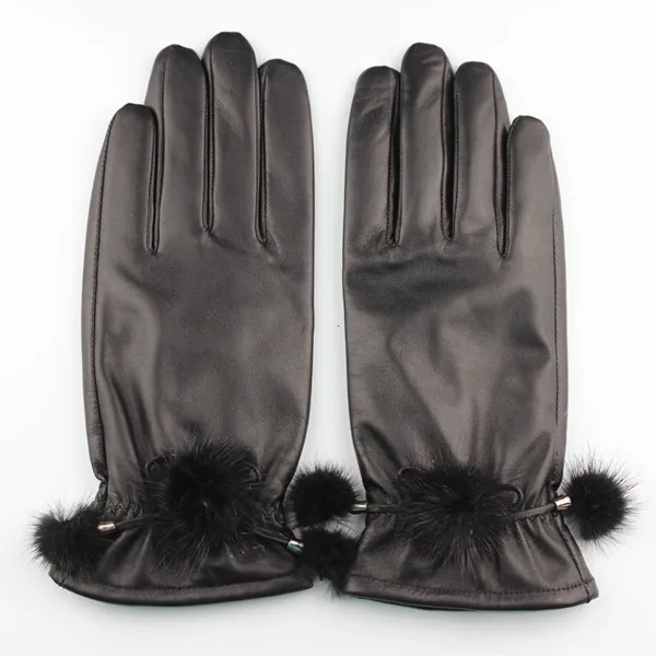 ladies fashion dress sexy leather glove with mink ball from factory