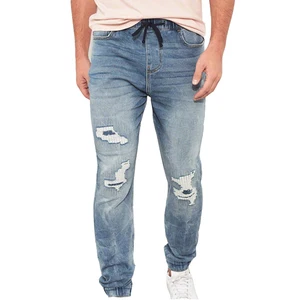 High quality wholesales denim cropped hem ripped elastic waist jogger jeans pants men High quality wholesales denim cropped hem ripped elastic waist jogger jeans pants men