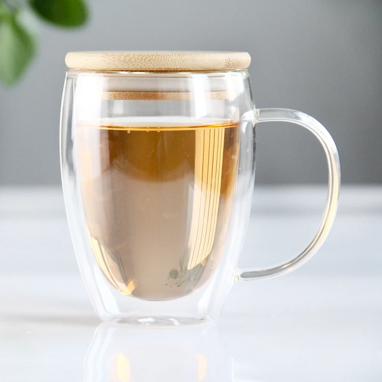 Handmade Heat Resistant Borosilicate Double Wall Glass Tea Cup Coffee Mug with Bamboo Lid