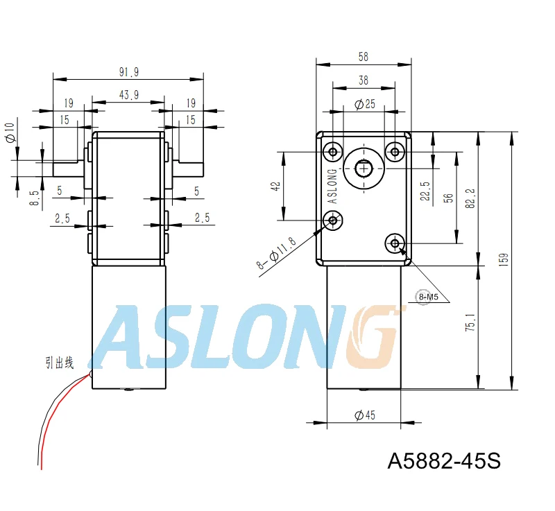 Gear Box Worm Gear Dc Motor Right Angel Metal A5882-45s Dual Shaft 12v