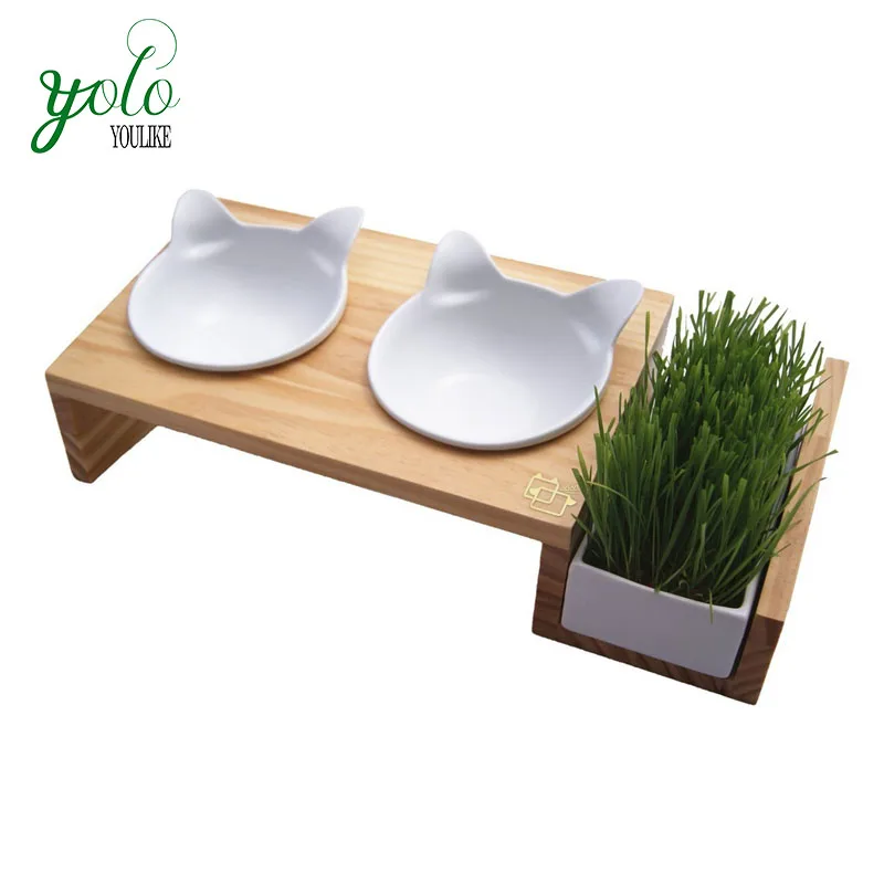 Cat Dining Table Pet Feeder Stand With Ceramic Bowls Elevated