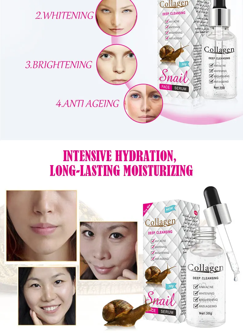 Organic Anti Aging Anti Acne Face Skin Care Serum Collagen Snail Repair Whitening Snail Serum For Face