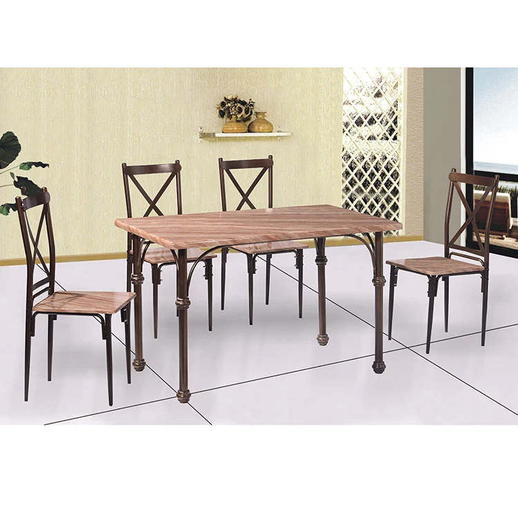 Antique style 5-Piece Dining Table Set Faux wood Marble top and Copper Chairs for Dining Room Furniture