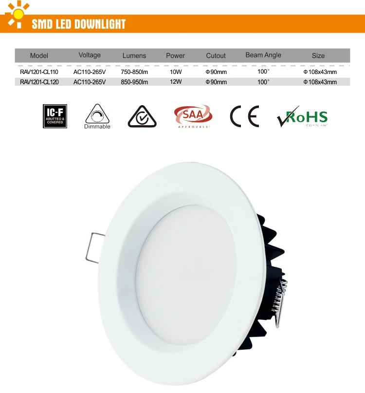Epistar 5730 smd led downlight 12w dimmable 90mm cut out