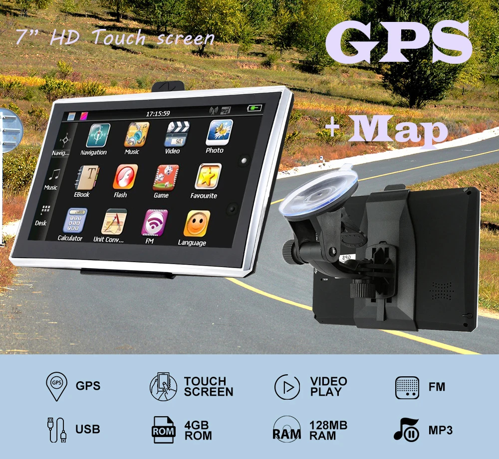 Free Map 7" HD Touch Screen Car GPS Navigator 128MB RAM ROM FM Video Player 
