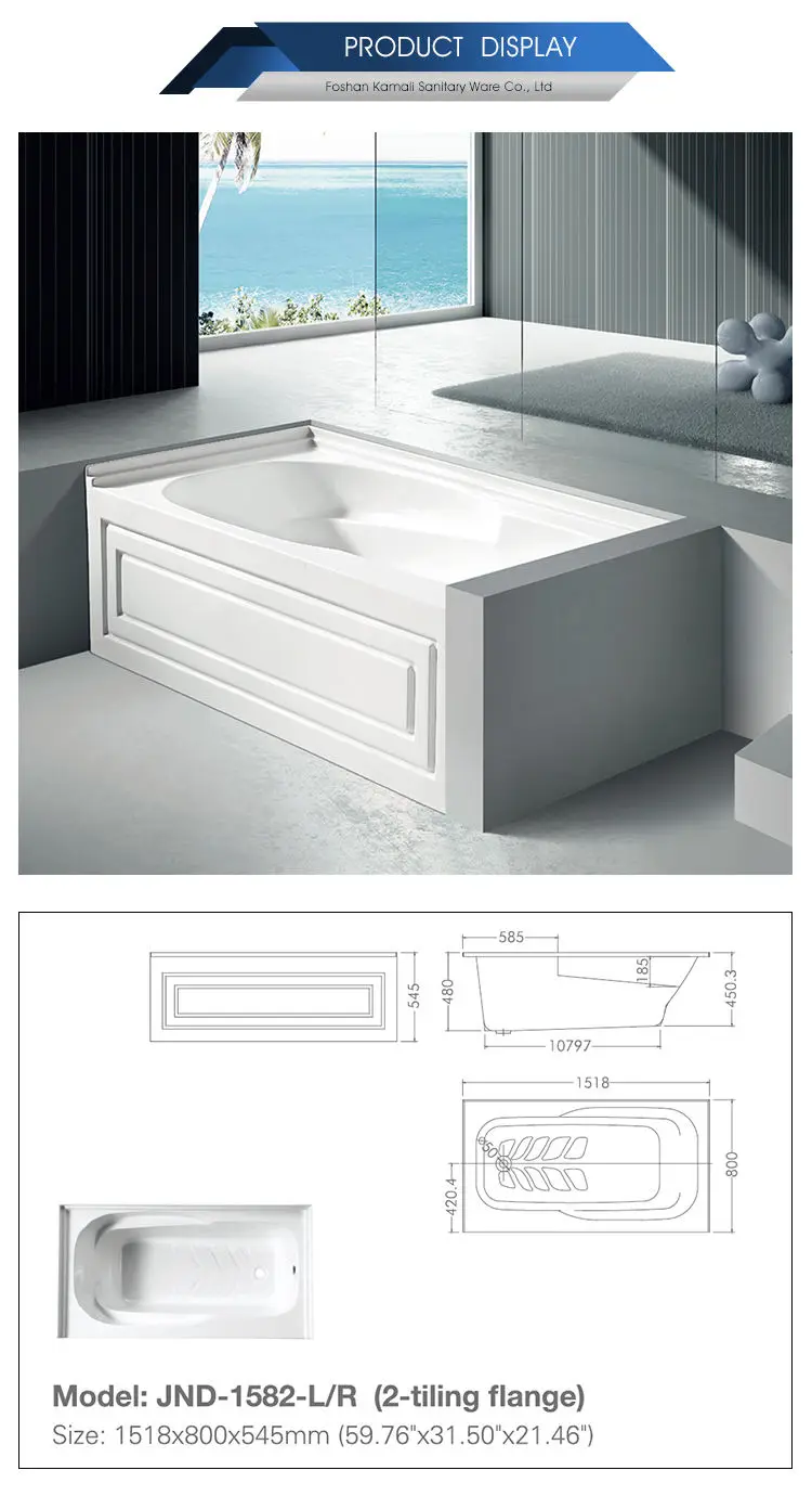 Normal Design Foshan Factory Price Customized Wholesale Hotel Room Acrylic Material 2 Tile Flange Skirt Bathtub for Bathroom
