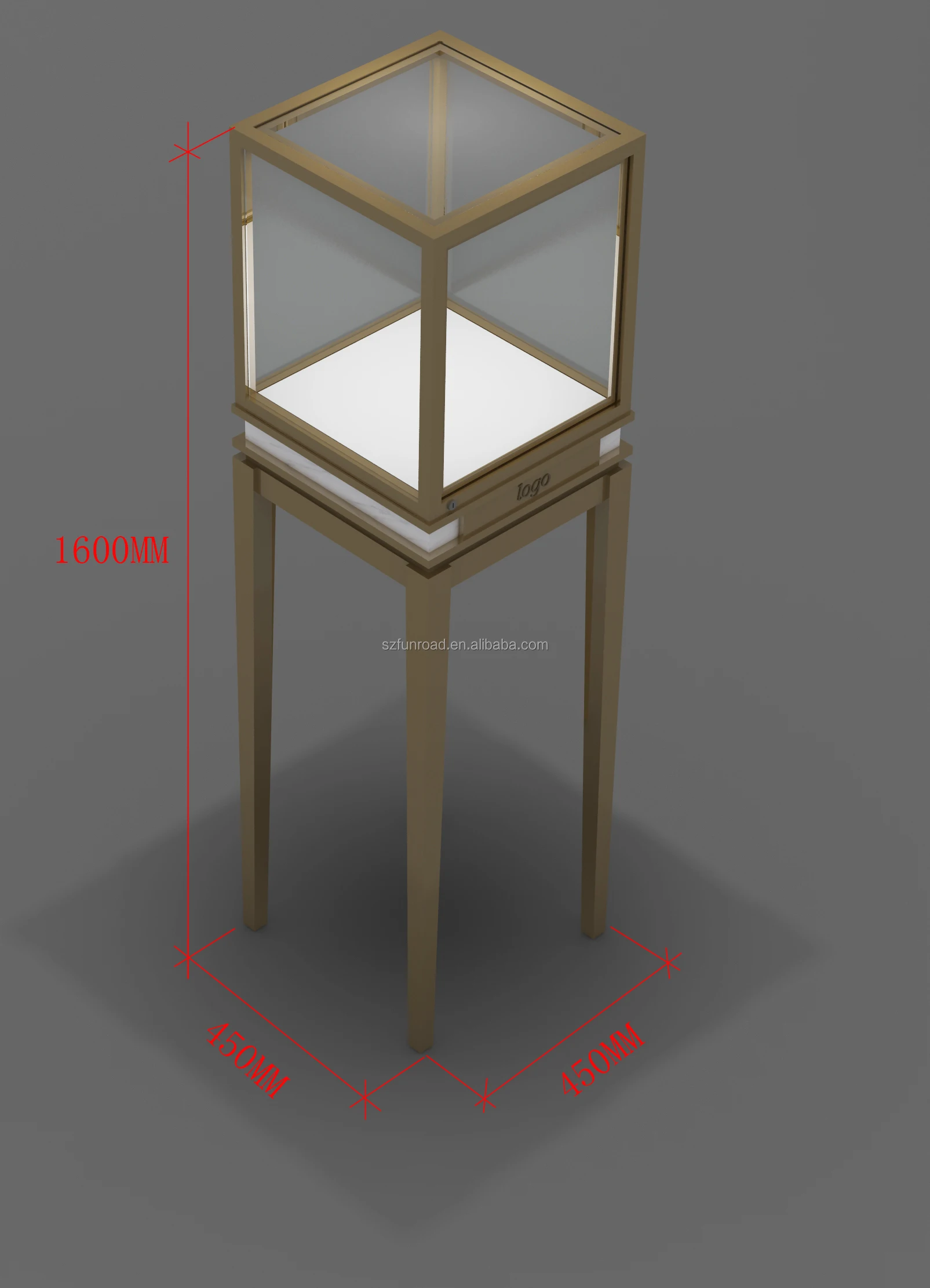 Modern luxury metal jewelry display table design with top tempered glass