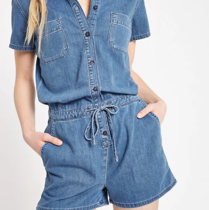 Sexy Women Mid Blue Utility Denim Playsuit With Tie Elastic Waist And ...