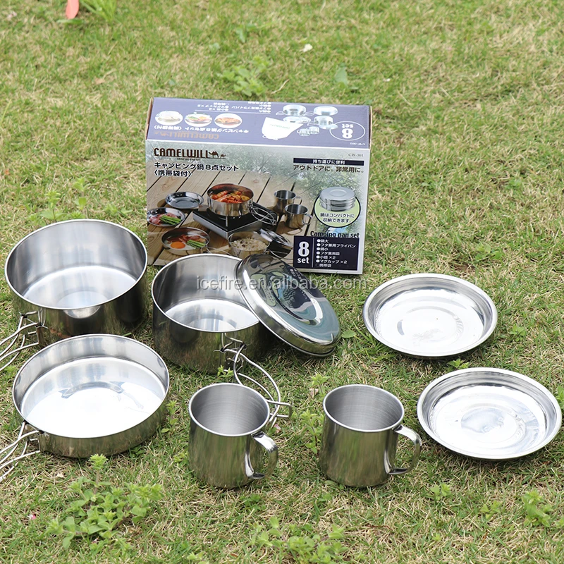 Outdoor 8 Pieces Camping Stainless Steel Cookware Set Portable