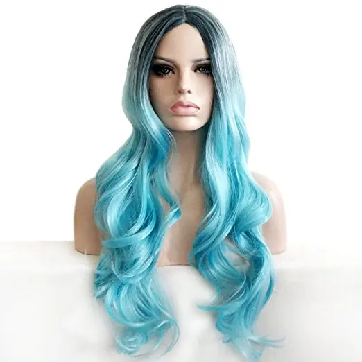 27 Long Wavy Dark Roots Pastel Ice Blue Wig Fashion Hairstyle