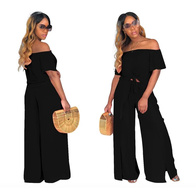 2019 Summer Women Off Shoulder Crop Top Wide Leg Pants Fashion Romper Jumpsuit Two Piece Set