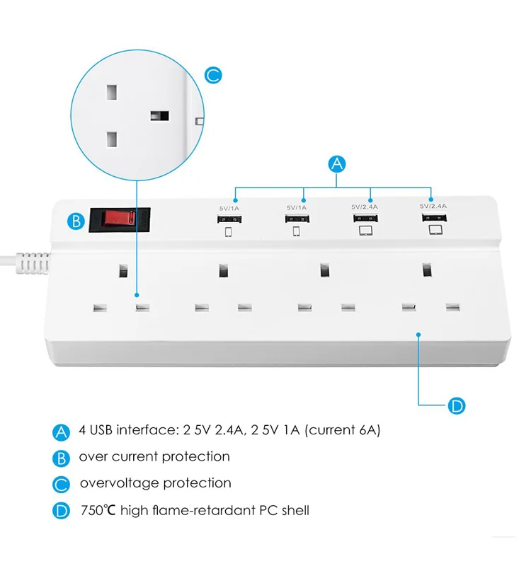 Uk Extension Lead Power Strip With Usb 4 Way Outlets 4 Usb Ports