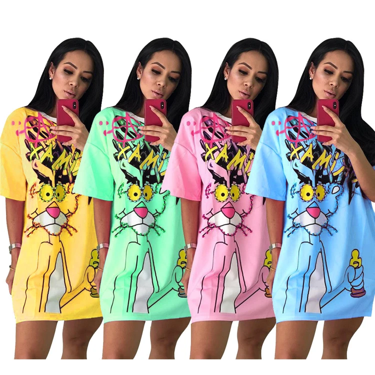 women fashion casual cartoon beading t shirt dress TC946
