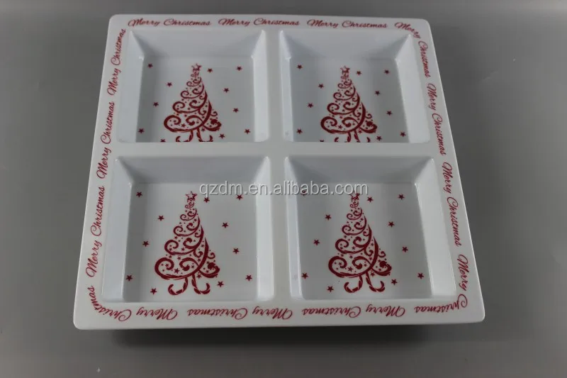 12" Square Melamine 4 Divided Plate Christmas Snack Dish