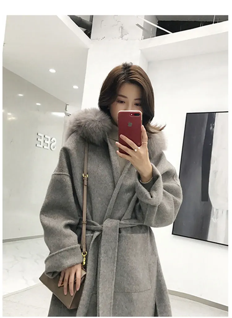 grey wool coat with fur hood
