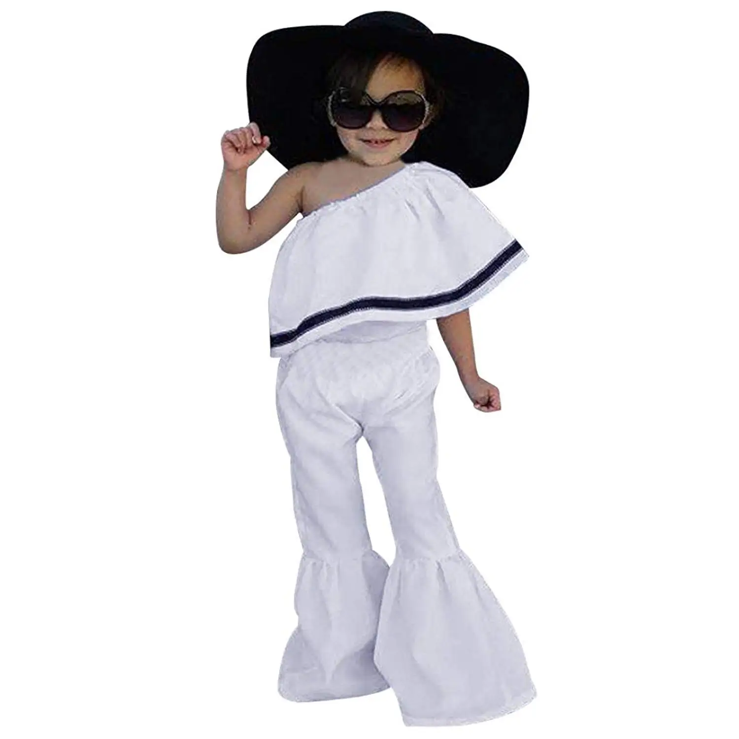 KIDSA 1-6T Baby Toddler Girl Summer Clothes Ruffles Off The Shoulder Tops Thin Bell-Bottom Pants Vintage Outfits Set