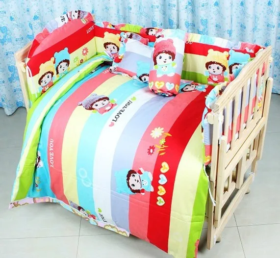 Promotion 7pcs baby bedding cot bumper 100 cotton customize bedding kit bed around berco bumper duvet