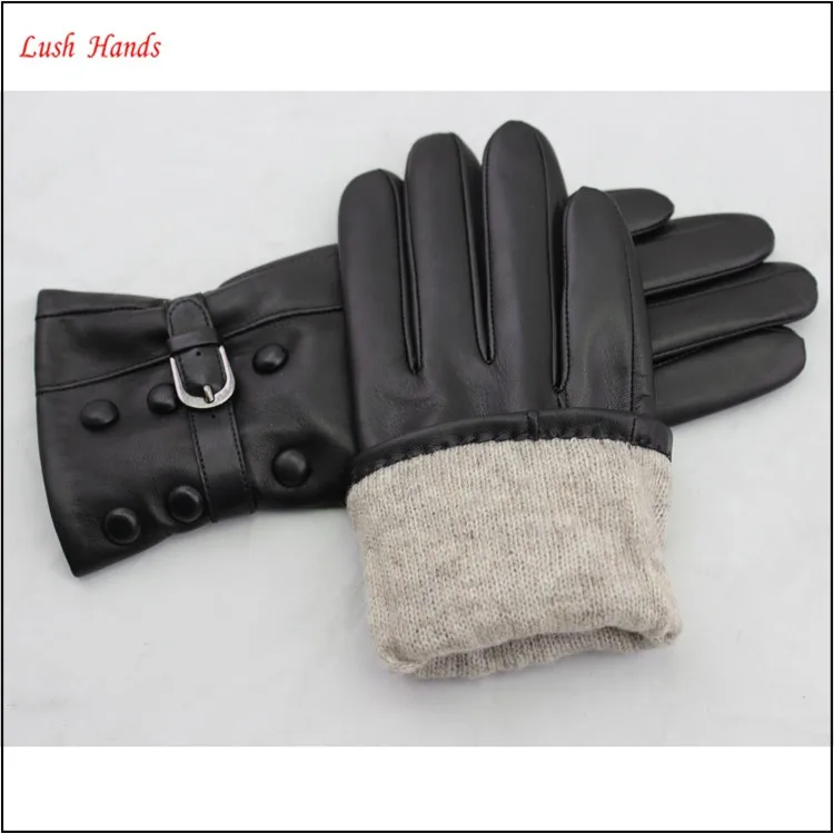 Wholesale women leather gloves with buttons and belt