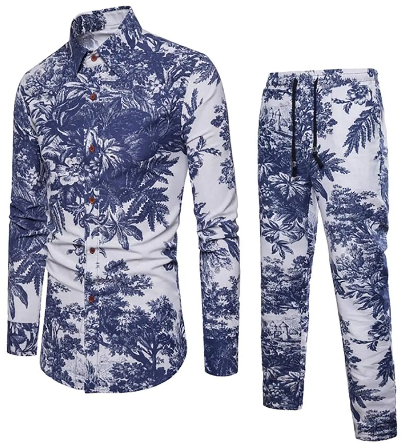 Jofemuho Men's Vogue Loose 2 PCS Suit Casual Floral Print Straight Leg Pants Blouse Shirt