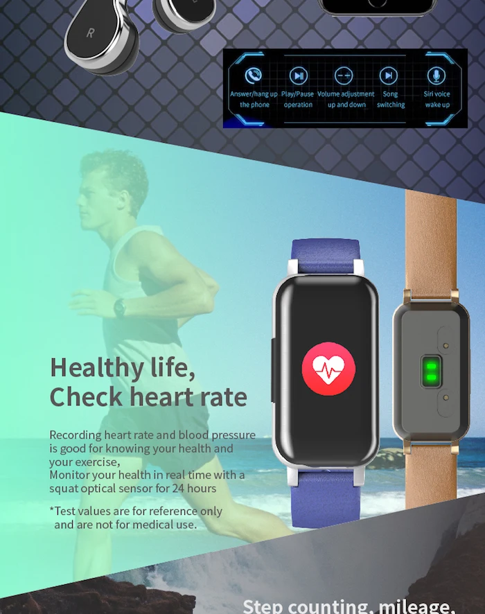 Smart answer call smartwatch T89 waterproof band earphone blue tooth 5.0 smart watch with step counter