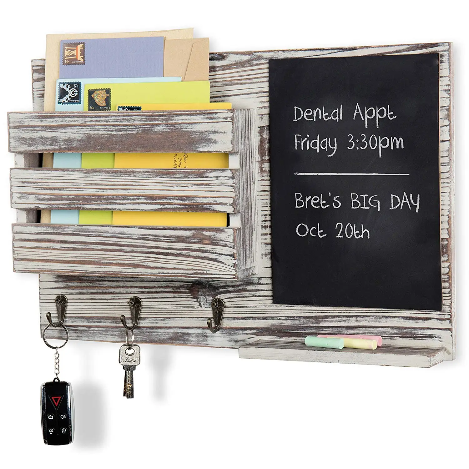 Torched Wood Wall Mounted Mail Organizer With Chalkboard 3 Key