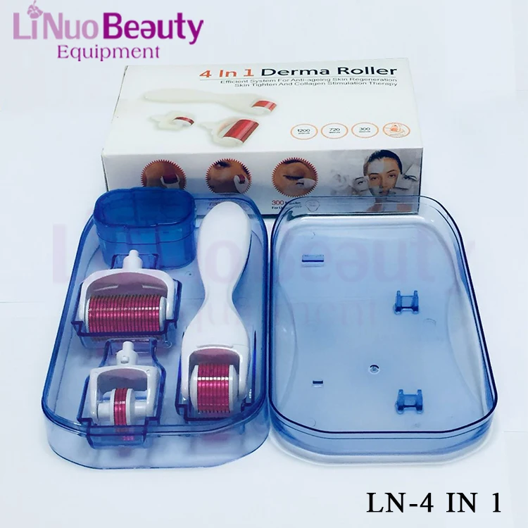 LINUO professional derma roller 4 in 1 massager stainless steel micro needle derma roller set with 3 heads