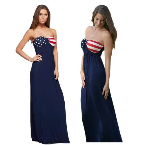 Femmes Maxi Robe Bustier Imprimé Drapeau Américain Décolleté Chérie Taille élastique Robe De Plage Dété Bleu Buy Femmes Maxi Robe Bustier Drapeau