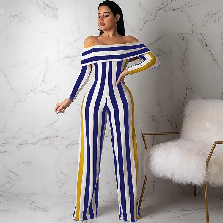 2019 Latest Design Casual Fashion Wide Leg Pants Striped Print Off Shoulder Sexy Women Jumpsuits