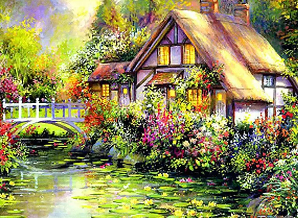 Wowdecor Paint by Numbers Kits for Adults Kids, DIY Number Painting - Thomas Landscape Quiet Cabin Lake Flowers Scenery 40 x 50 cm - New Stamped Canvas (Framed)