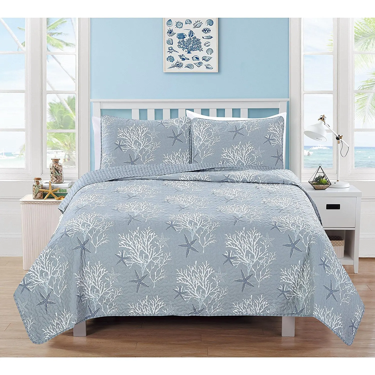 MPN 3 Piece Beautiful Blue White Full Queen Quilt Set, Beach Themed Reversible Bedding Seaside Coral Ocean Cottage Cabin Vintage Trendy Chic Water Coastal Starfish, Cotton, Polyester
