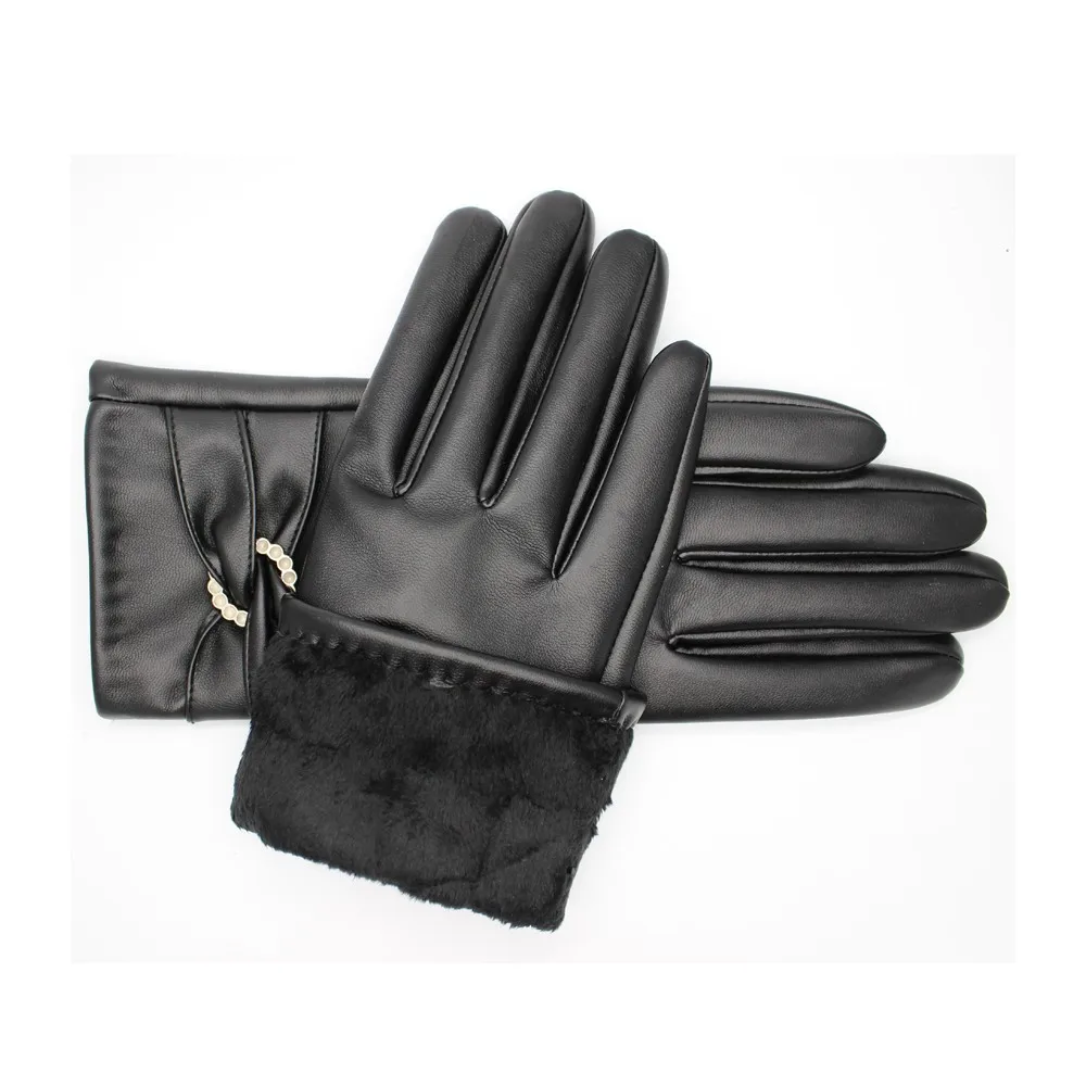 Ladies high Quality PU leather glove with Crystal ring and belt