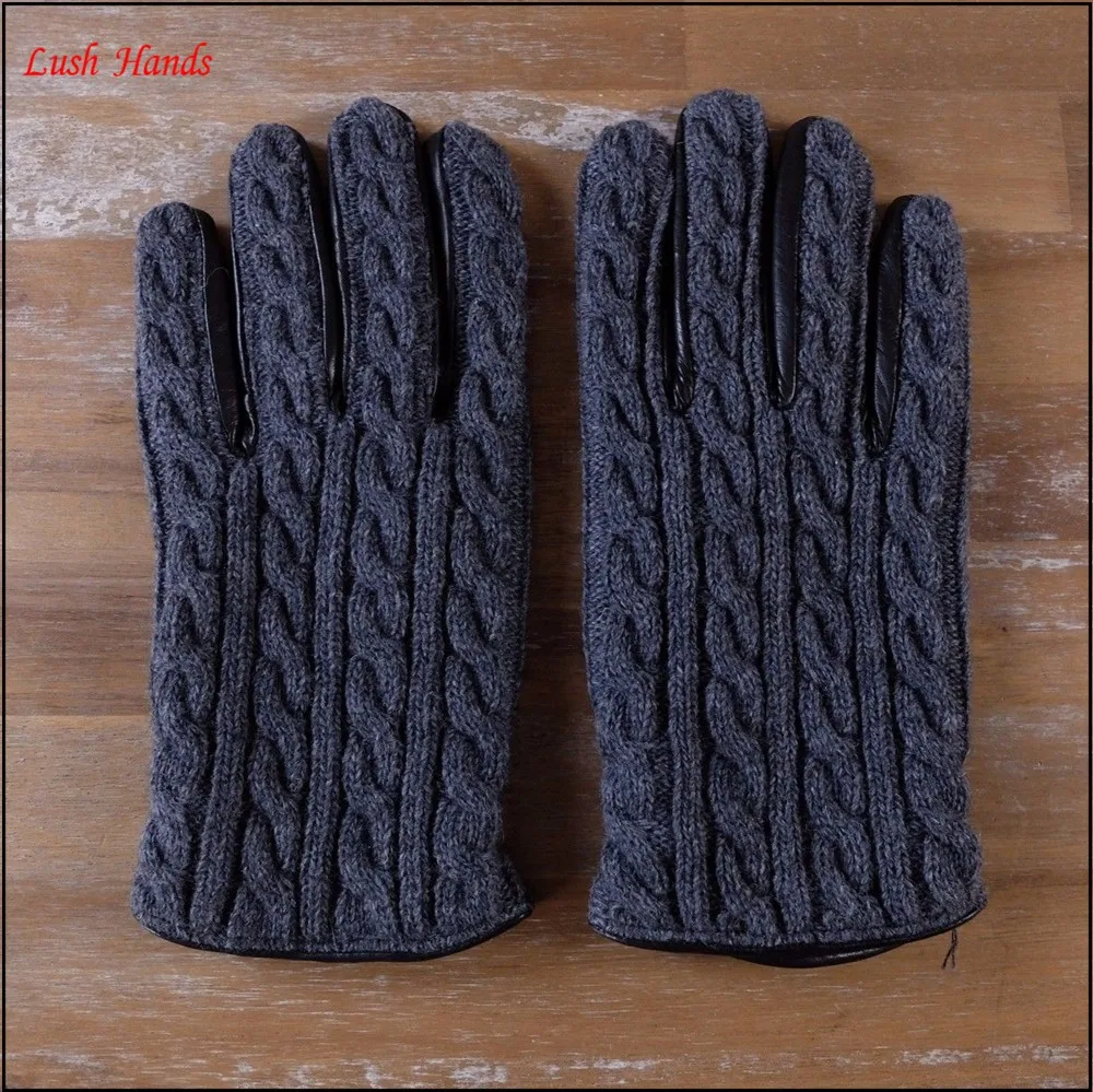 Mens gray black leather gloves with wool blend knit on the back